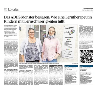Zeitungsartikel „Das ADHS-Monster besiegen: Wie eine Lerntherapeutin Kindern mit Lernschwierigkeiten hilft“