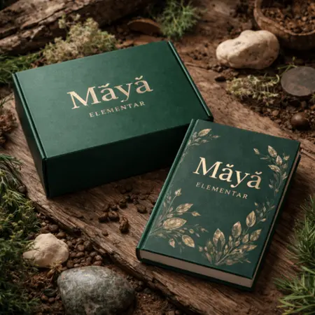 Grüne Māyā Elementar Box mit Buch in natürlicher Umgebung